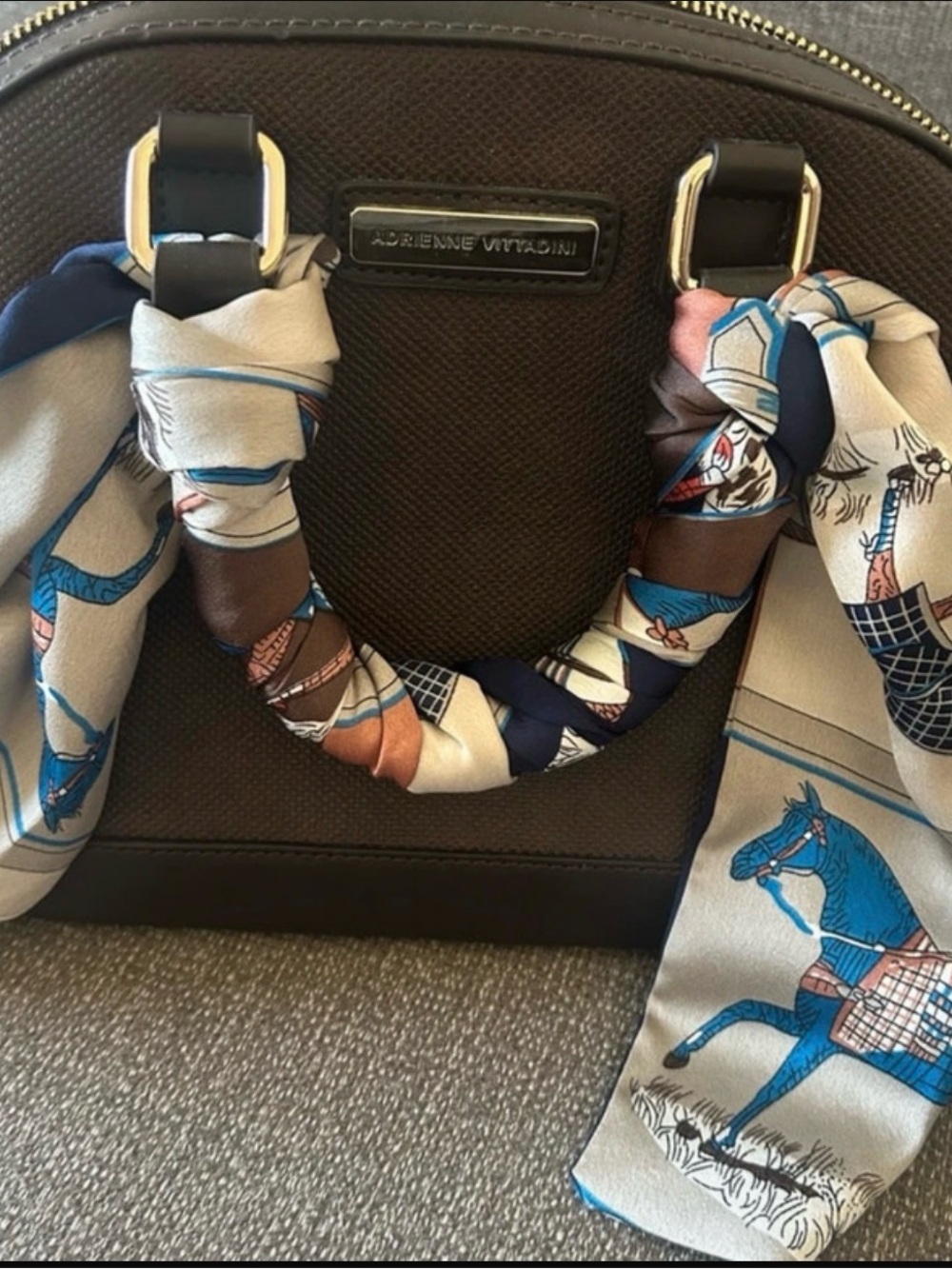 Adrienne Vittadini Blue Cream Brown Printed Silk Handle Scarf